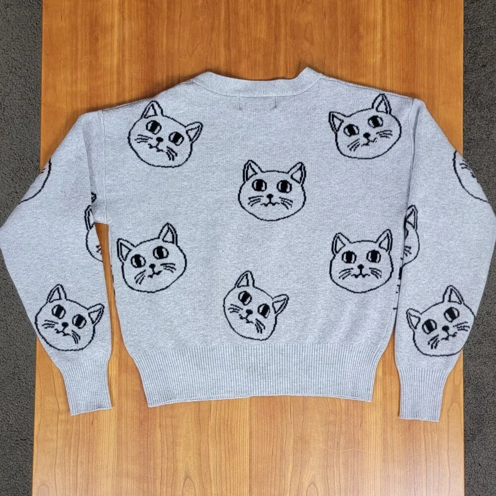 V-Neck Grey Cat Kitten Face Cropped Cardigan - XXS - Picture 8 of 12